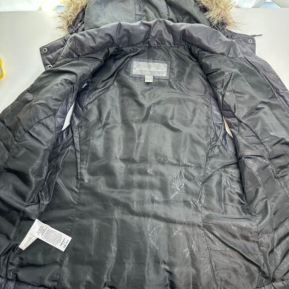 Eddie Bauer Black Faux Fur Trim Hood Goose Down Puffer Vest Womens Size Large L - Picture 7 of 12